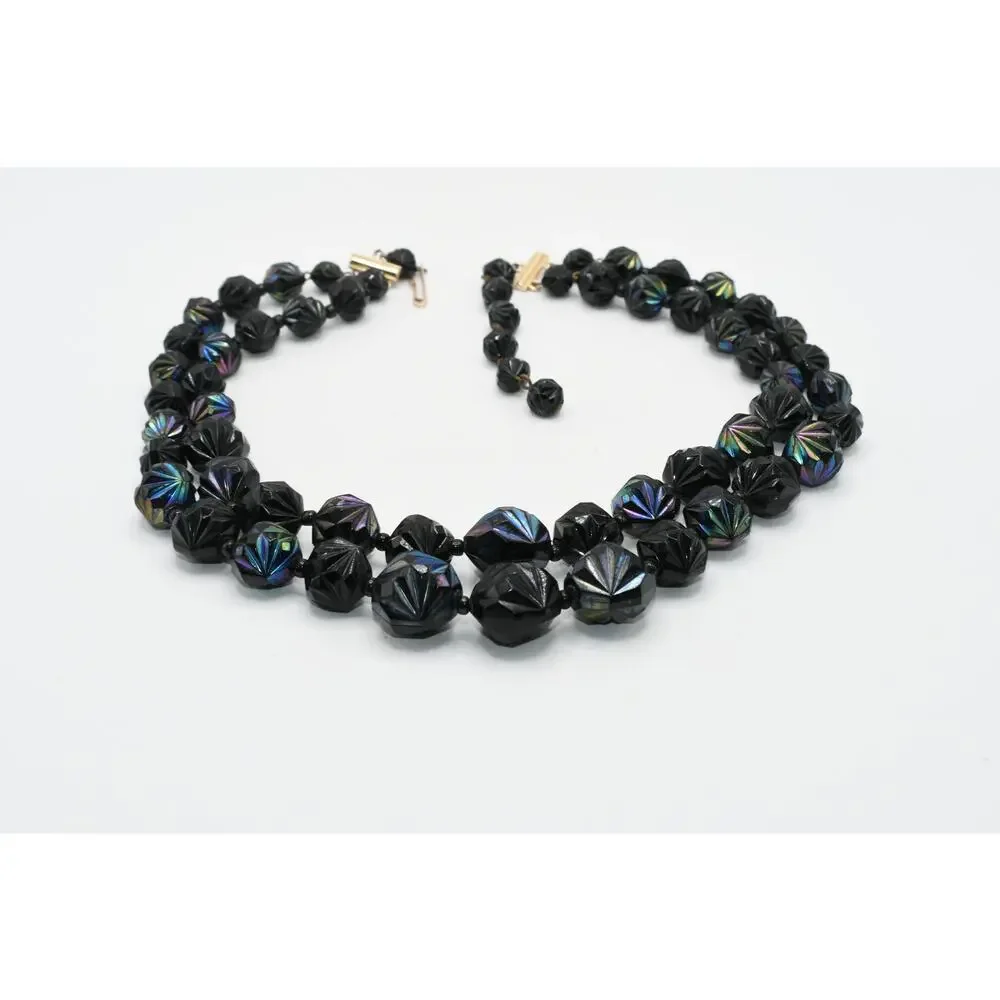 Vintage West Germany Black Iridescent Lucite Bead Necklace Double Strand